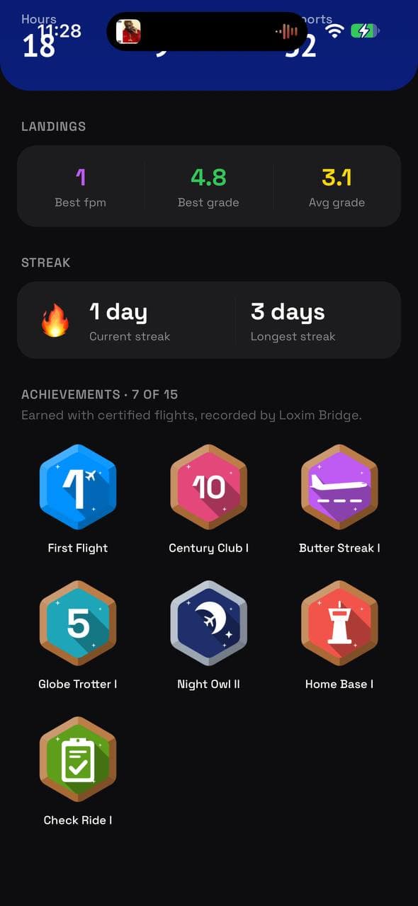 Loxim achievement badges including First Flight, Century Club, Butter Streak, Globe Trotter, Night Owl, Home Base and Check Ride