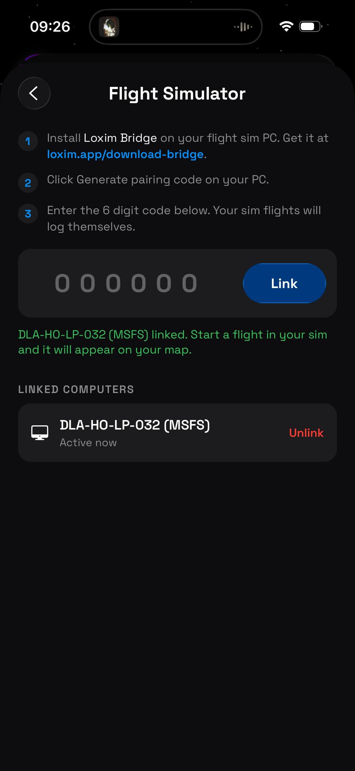 Loxim with the bridge connected and a live flight detected